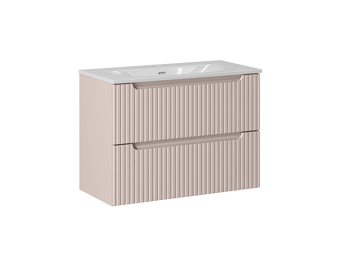 Ensemble meuble simple vasque encastrée 80cm 2 tiroirs en colonne Riva Cachemire en Hout