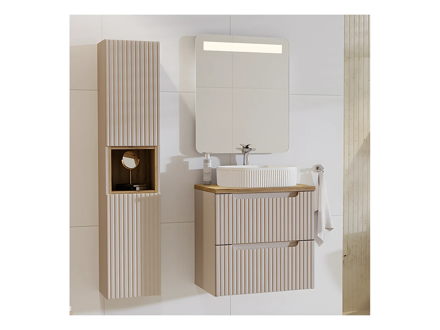 Ensemble meuble simple vasque 60cm 2 tiroirs et colonne Riva Cachemire et Bois