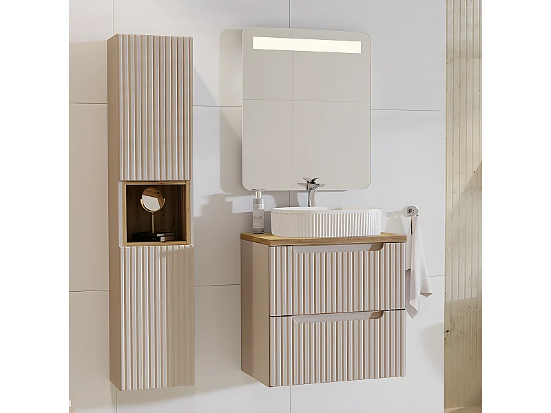 Conjunto de muebles con lavabo individual 60cm 2 cajones y columna Riva Cachemira y Madera