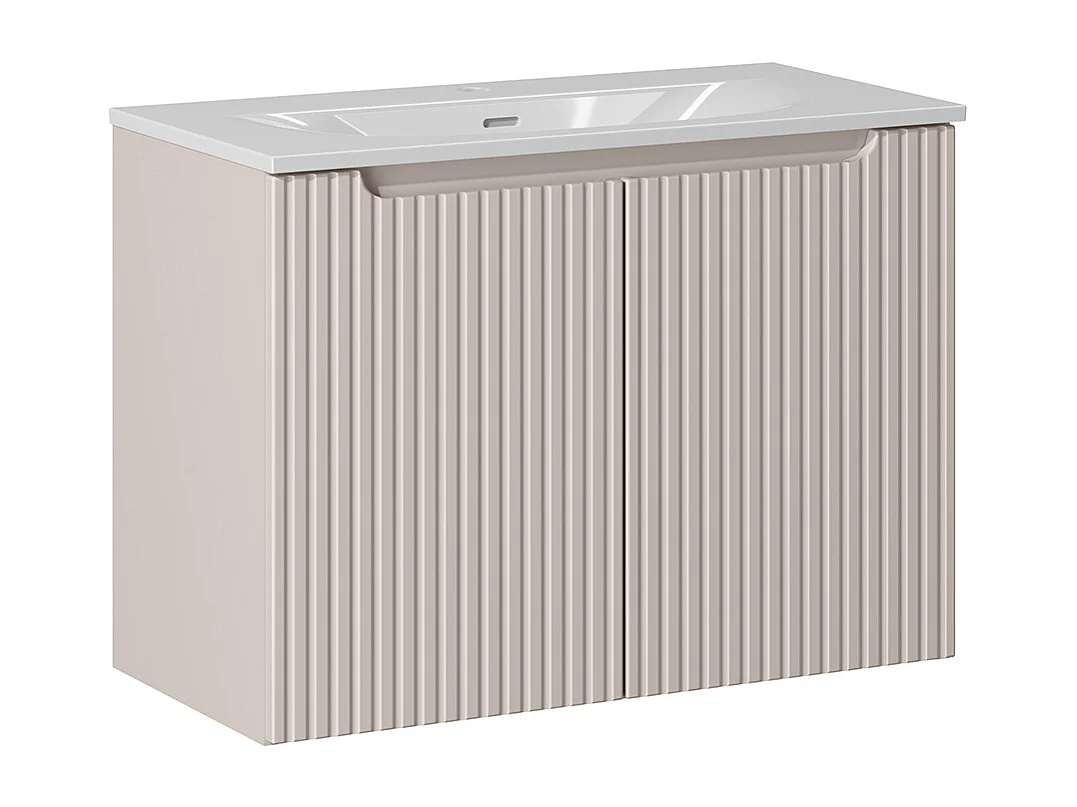 Ensemble meuble simple vasque encastrée 80cm 2 portes et colonne Riva Cachemire et Bois