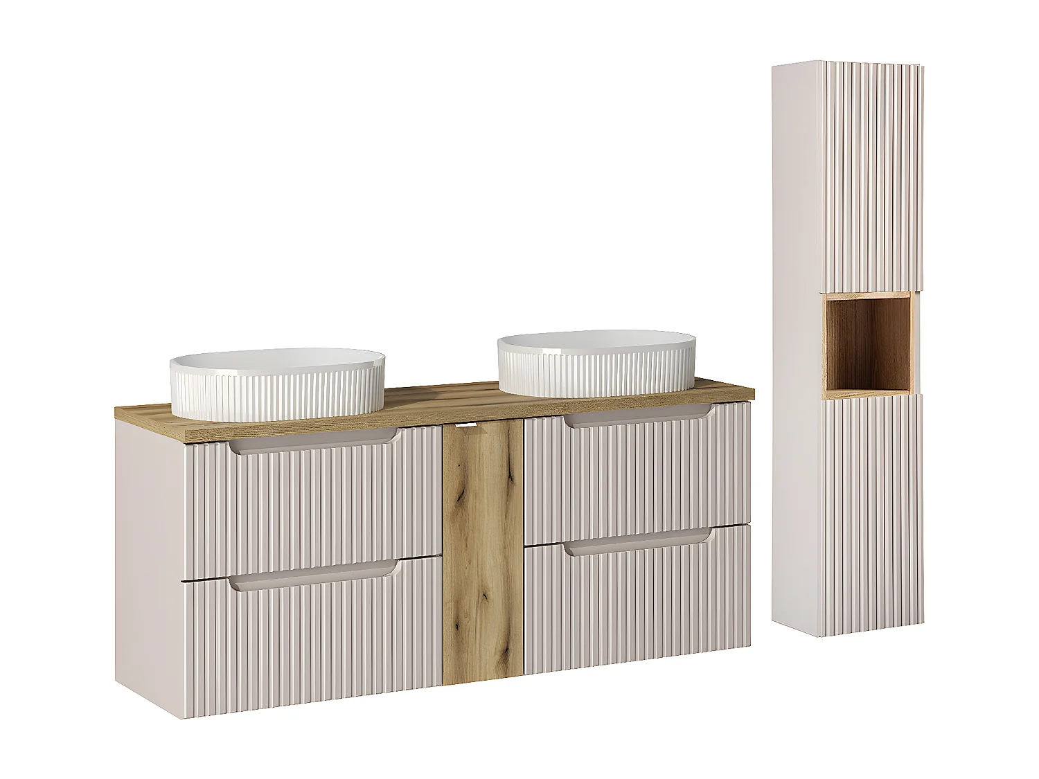 Conjunto de muebles con doble lavabo 140 cm 4 cajones y columna Riva Cachemira y Madera