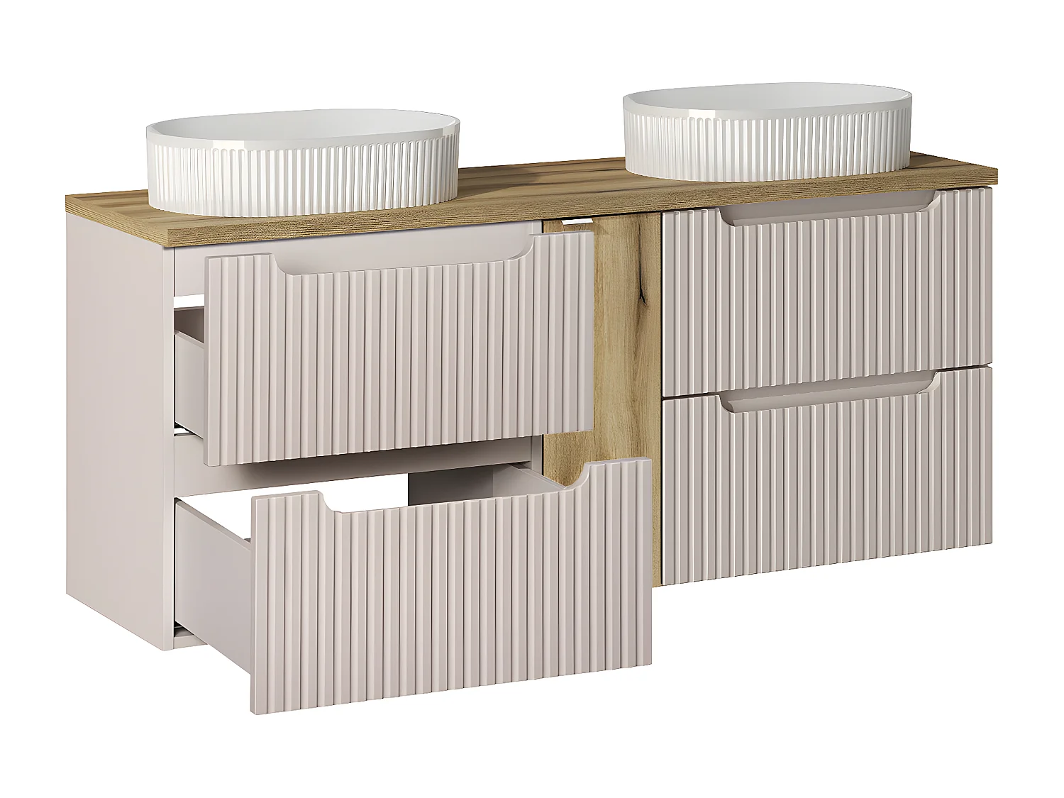 Conjunto de muebles con doble lavabo 140 cm 4 cajones y columna Riva Cachemira y Madera