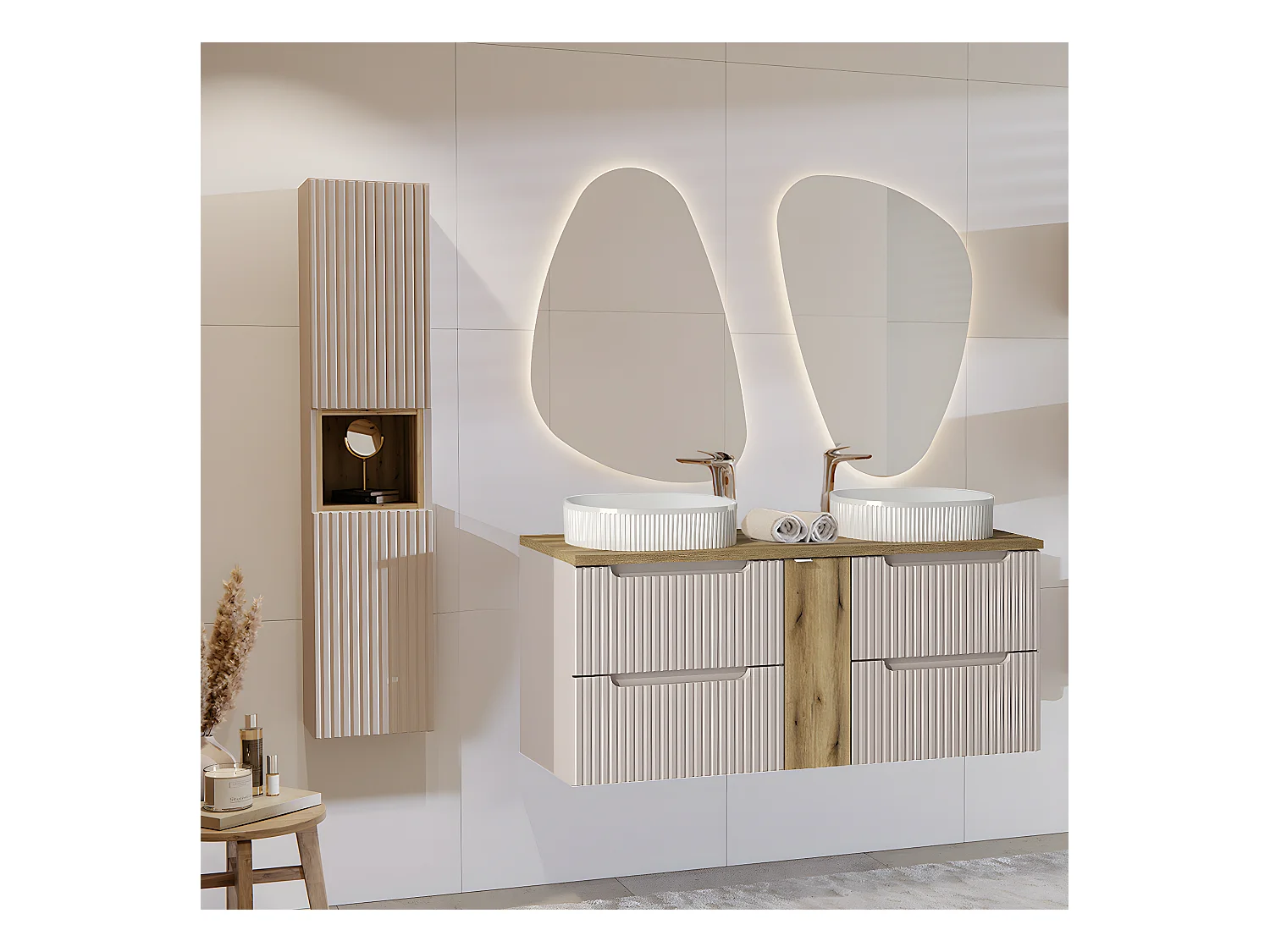 Set van 140cm dubbele wastafel met 4 lades en Riva Cashmere en Wood hoge kast