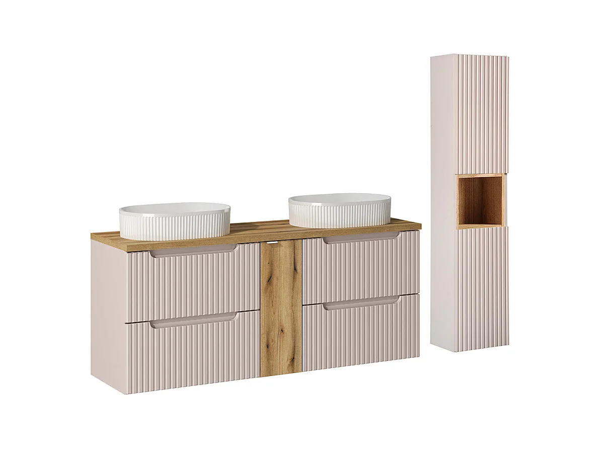 Conjunto lavatório duplo 140cm 4 gavetas coluna Riva Cashmere Madeira