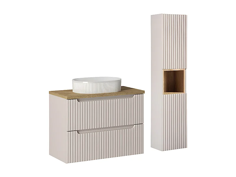Ensemble meuble simple vasque 80cm 2 tiroirs et colonne Riva Cachemire et Bois
