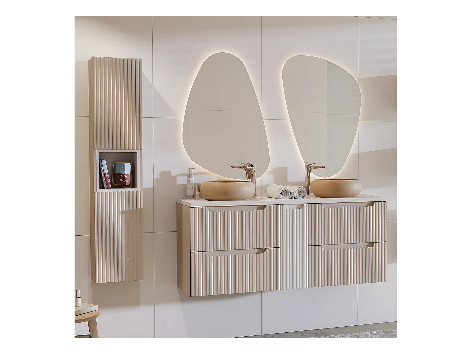 Dubbele wastafel 140cm 4 lades en sokkel Riva Cashmere en Wit