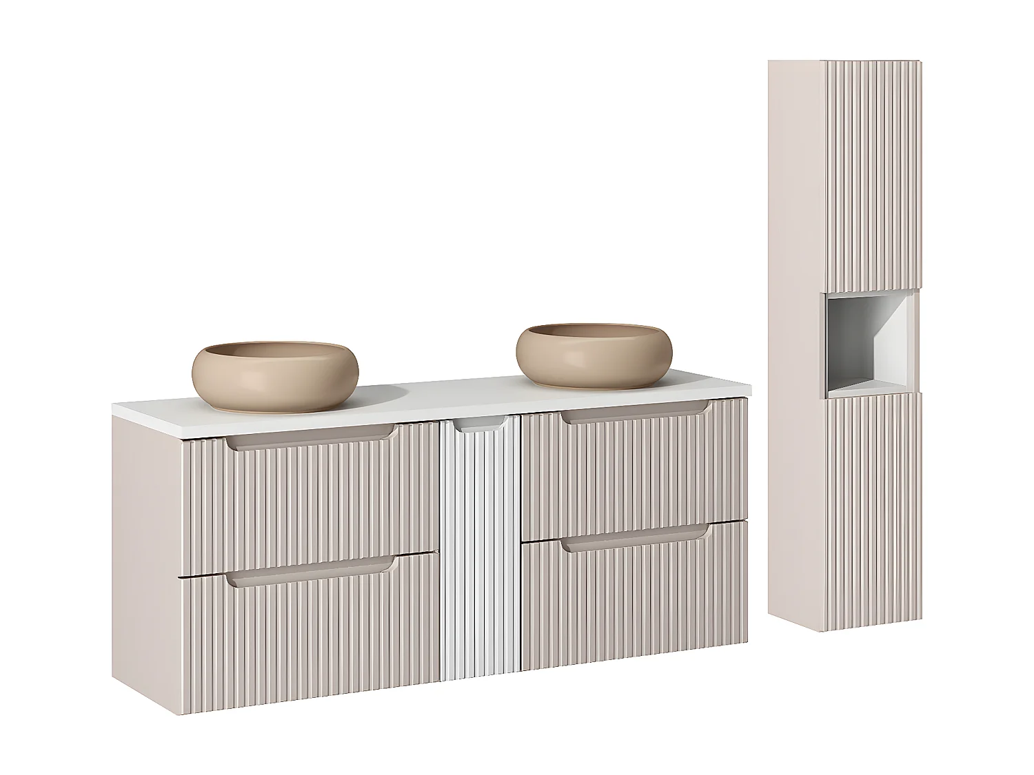 Dubbele wastafel 140cm 4 lades en sokkel Riva Cashmere en Wit