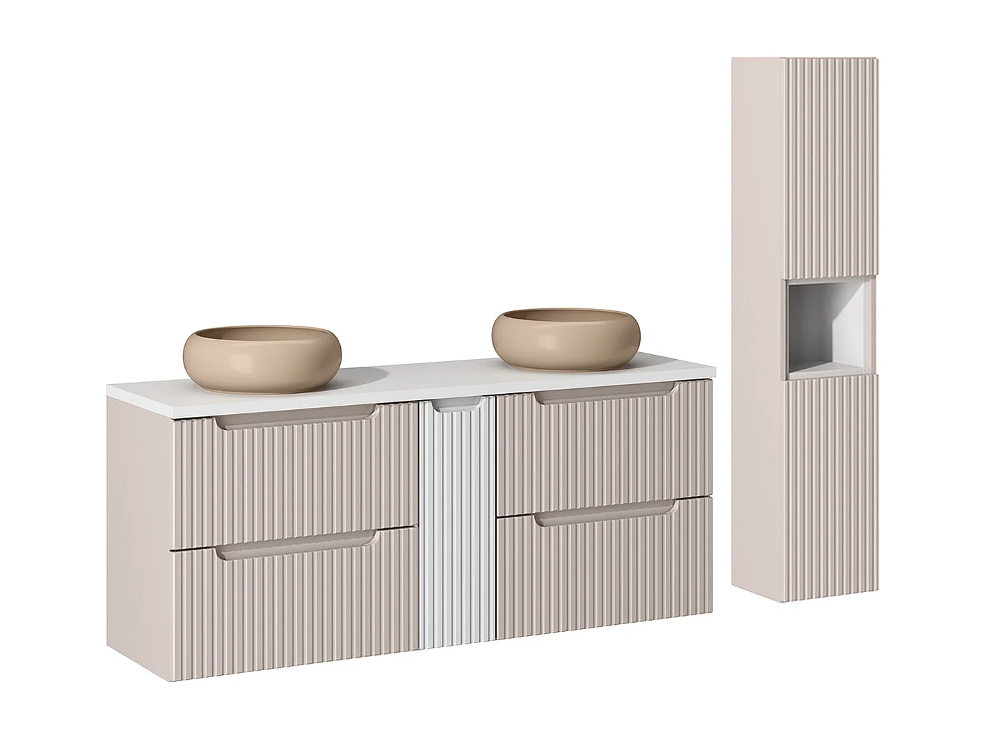 Dubbele wastafel 140cm 4 lades en sokkel Riva Cashmere en Wit