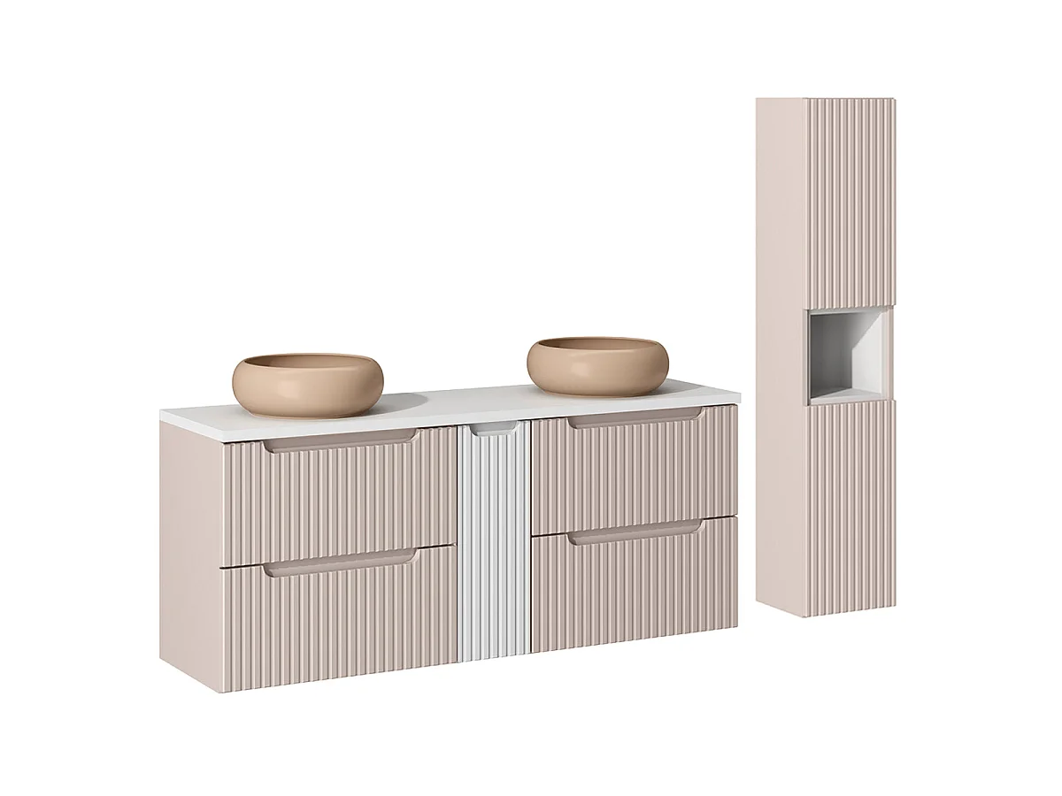 Ensemble meuble double vasque 140cm 4 tiroirs et colonne Riva Cachemire et Blanc