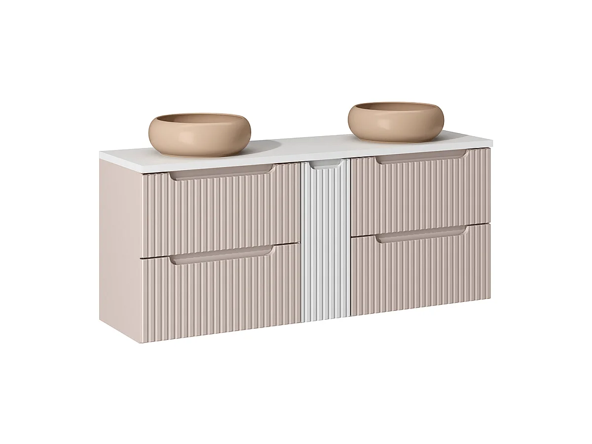 Ensemble meuble double vasque 140cm 4 tiroirs et colonne Riva Cachemire et Blanc