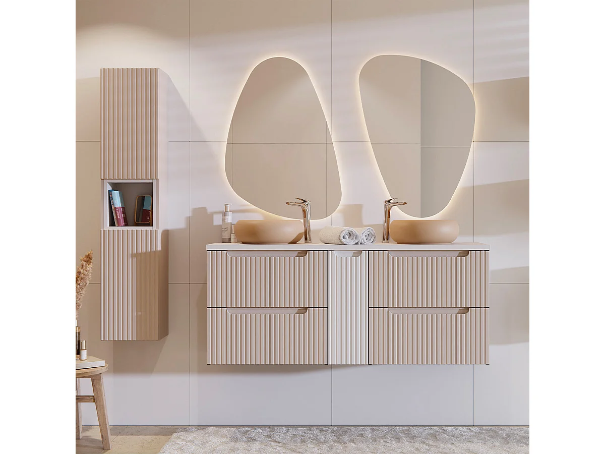Ensemble meuble double vasque 140cm 4 tiroirs et colonne Riva Cachemire et Blanc
