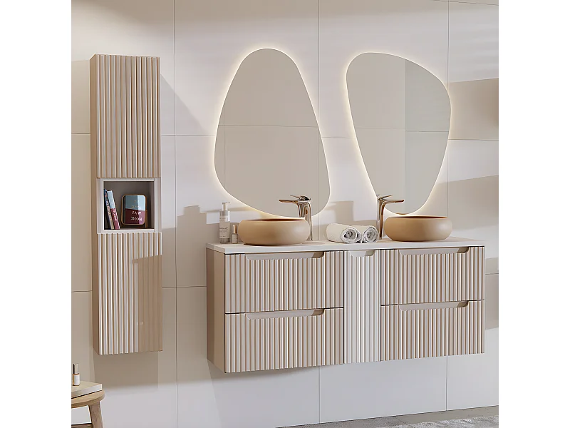 Conjunto de muebles con doble lavabo 140cm 4 cajones y columna Riva Cachemira y Blanco