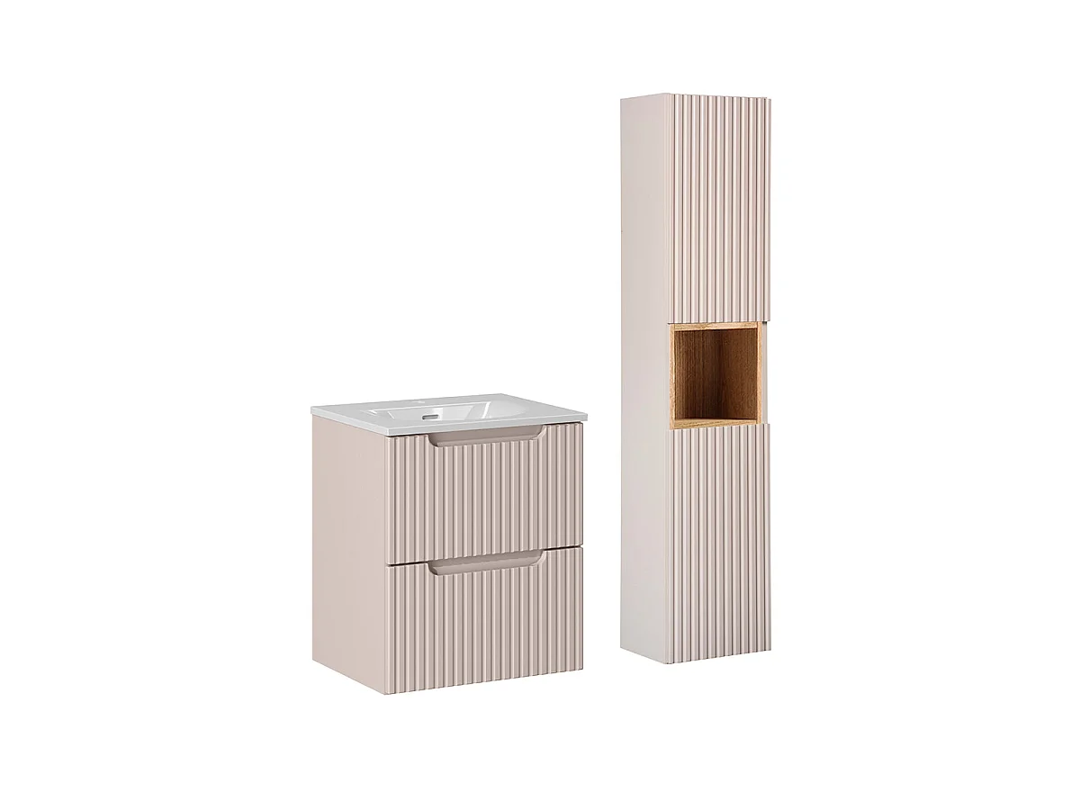 Ensemble meuble simple vasque encastrée 50cm 2 tiroirs et colonne Riva Cachemire et Bois