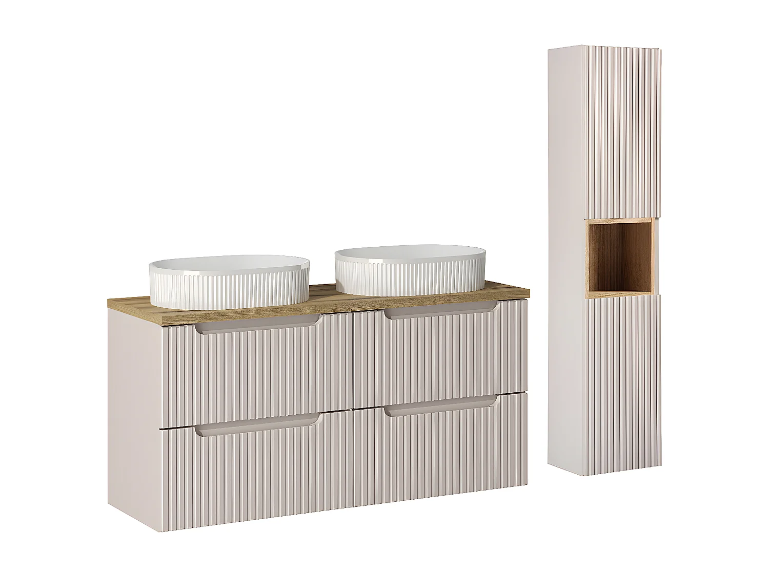 Ensemble meuble double vasque 120cm 4 tiroirs et colonne Riva Cachemire et Bois