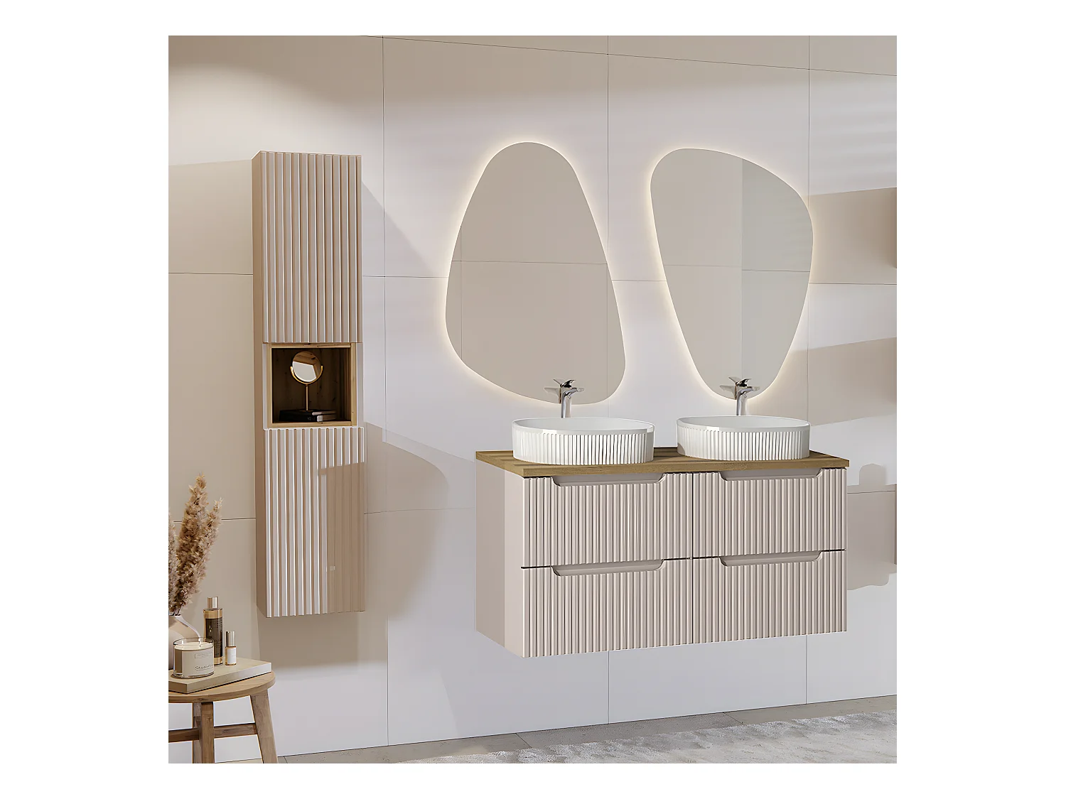 Ensemble meuble double vasque 120cm 4 tiroirs et colonne Riva Cachemire et Bois