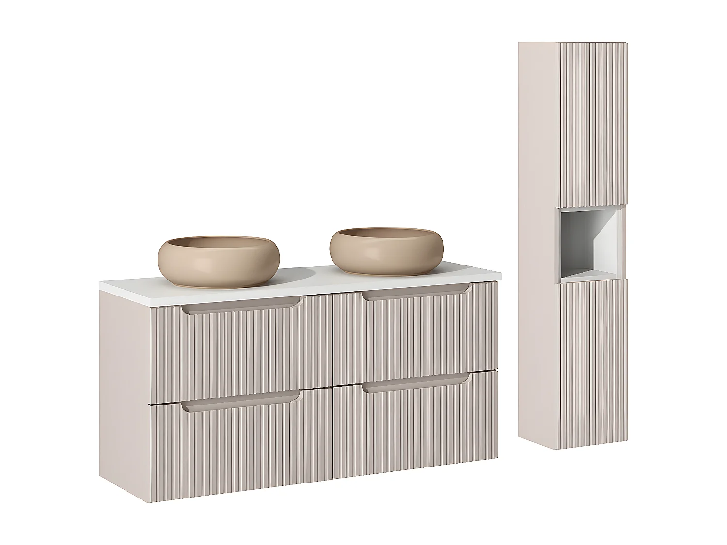 Ensemble meuble double vasque 120cm 4 tiroirs et colonne Riva Cachemire et Blanc