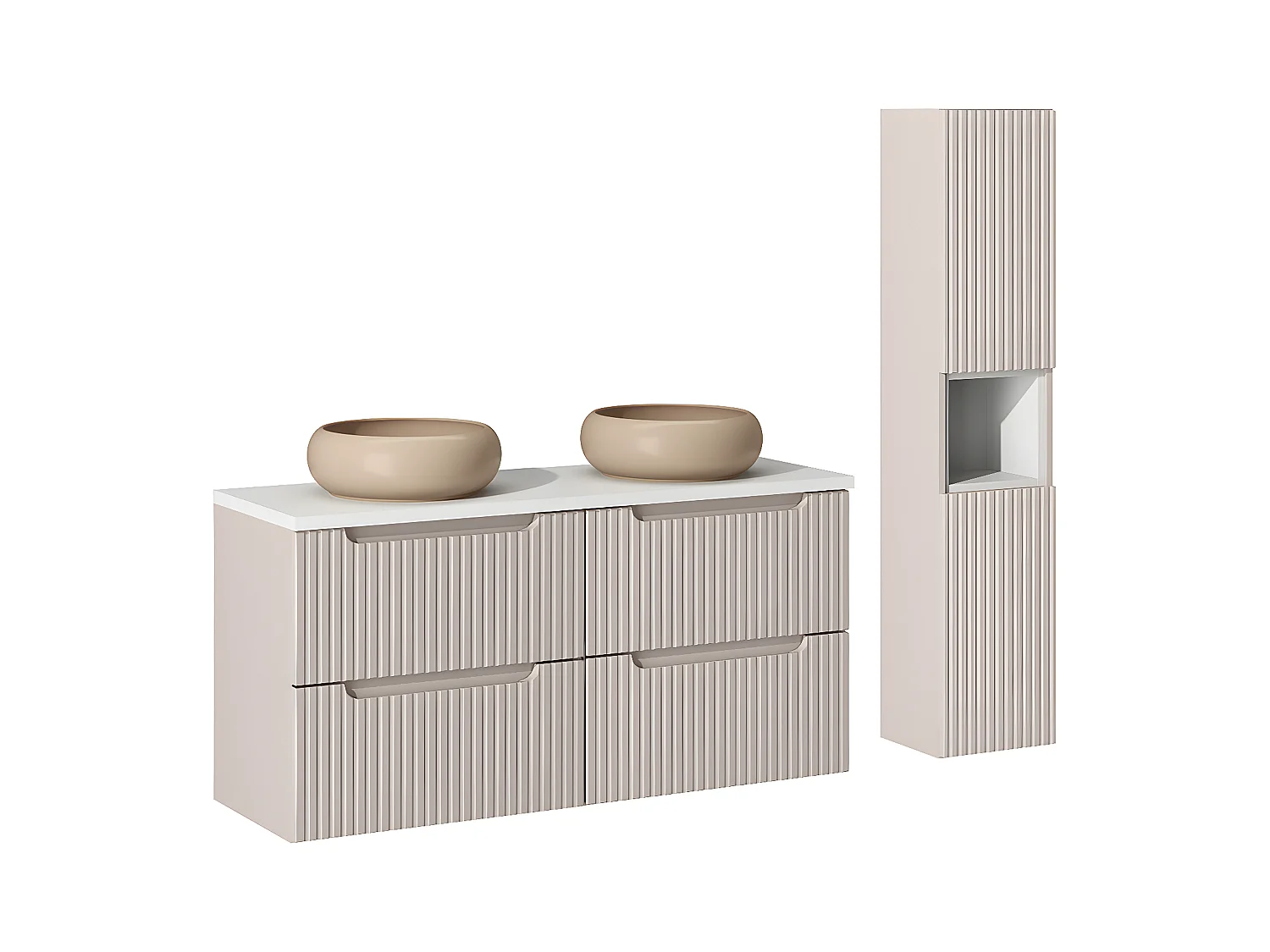 Ensemble meuble double vasque 120cm 4 tiroirs et colonne Riva Cachemire et Blanc