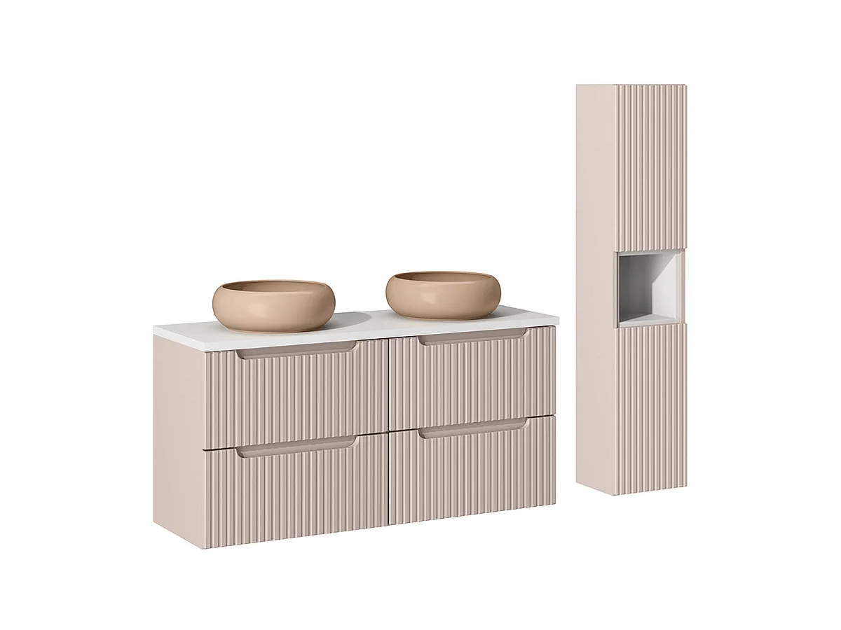 Ensemble meuble double vasque 120cm 4 tiroirs et colonne Riva Cachemire et Blanc