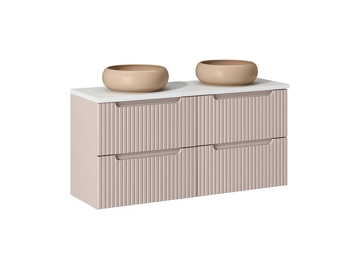 Ensemble meuble double vasque 120cm 4 tiroirs et colonne Riva Cachemire et Blanc