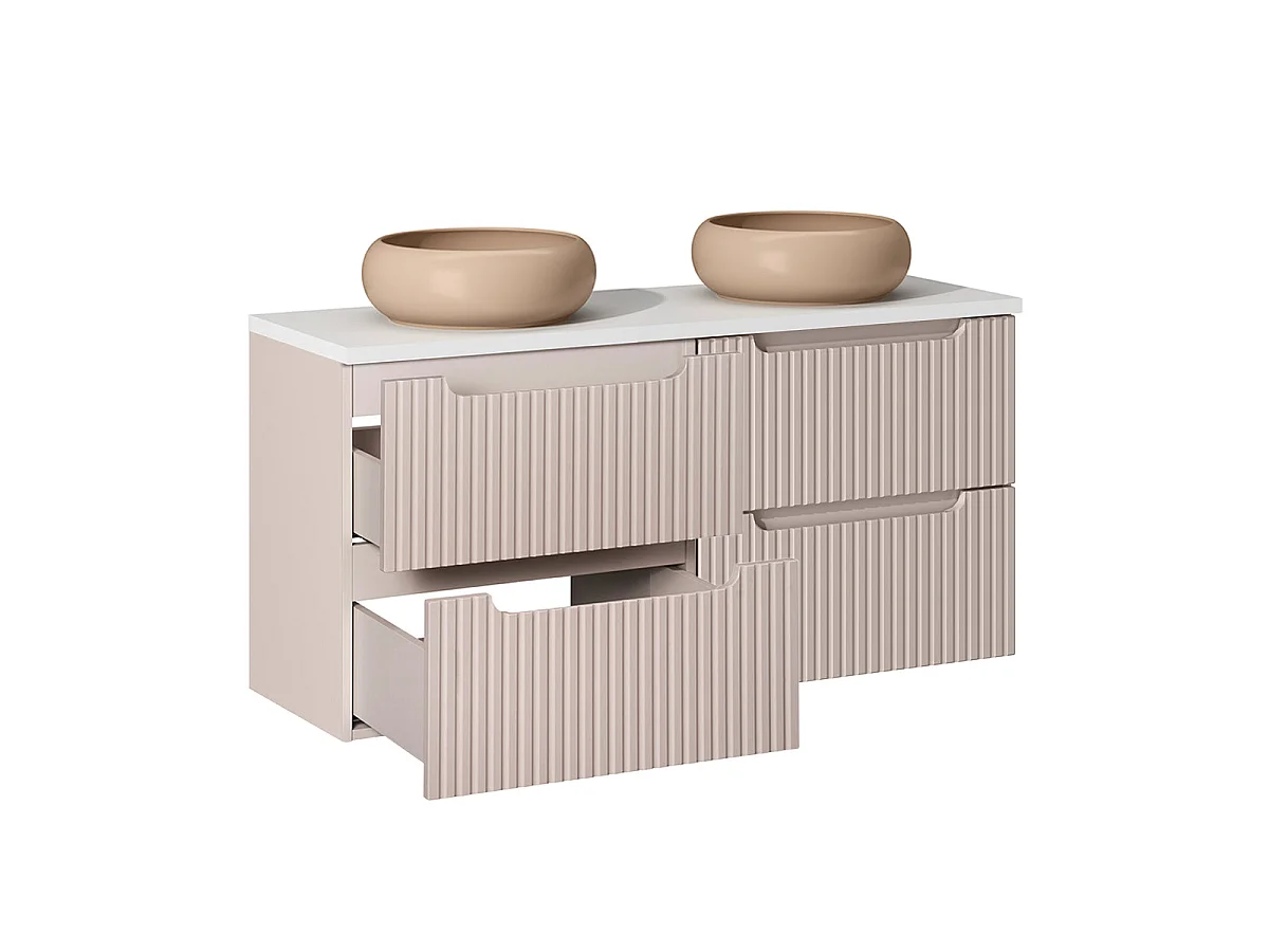 Ensemble meuble double vasque 120cm 4 tiroirs et colonne Riva Cachemire et Blanc