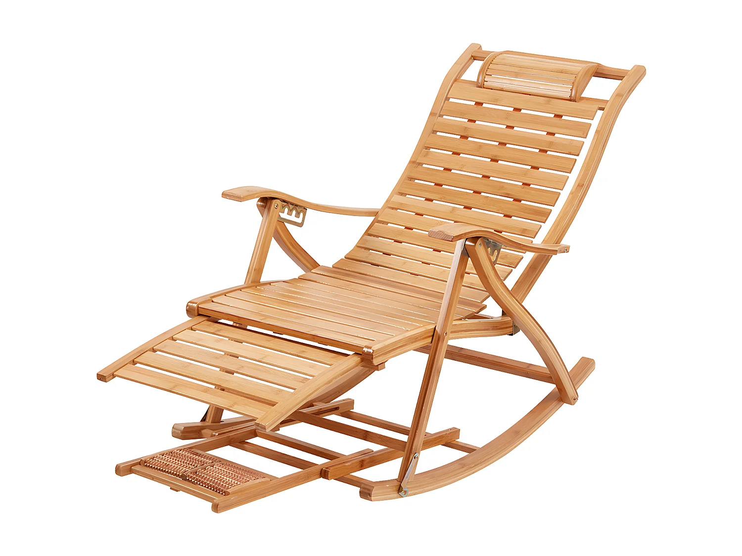Fauteuil de jardin à bascule en ‎bambou Pliant -  Rocking chair réglable à 5 niveaux -Chaise Berçante avec Massage Repose-Pieds, Accoudoir et Oreiller Charge 150kg