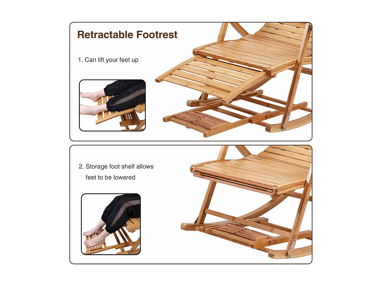 Fauteuil de jardin à bascule en ‎bambou Pliant -  Rocking chair réglable à 5 niveaux -Chaise Berçante avec Massage Repose-Pieds, Accoudoir et Oreiller Charge 150kg