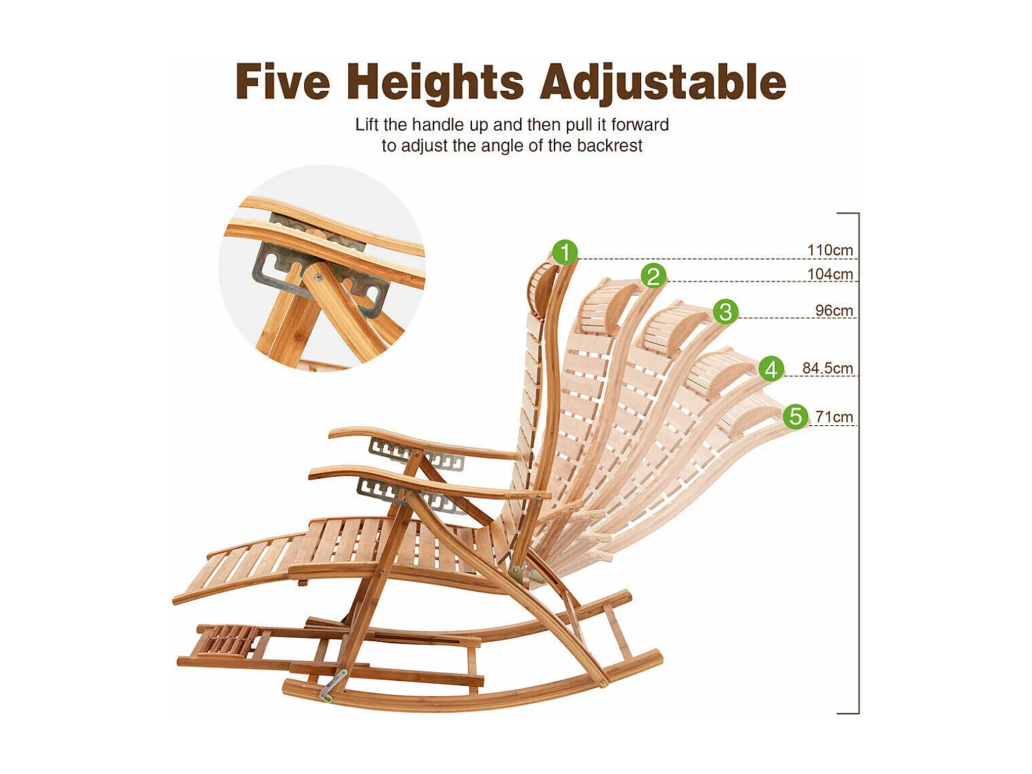 Fauteuil de jardin à bascule en ‎bambou Pliant -  Rocking chair réglable à 5 niveaux -Chaise Berçante avec Massage Repose-Pieds, Accoudoir et Oreiller Charge 150kg
