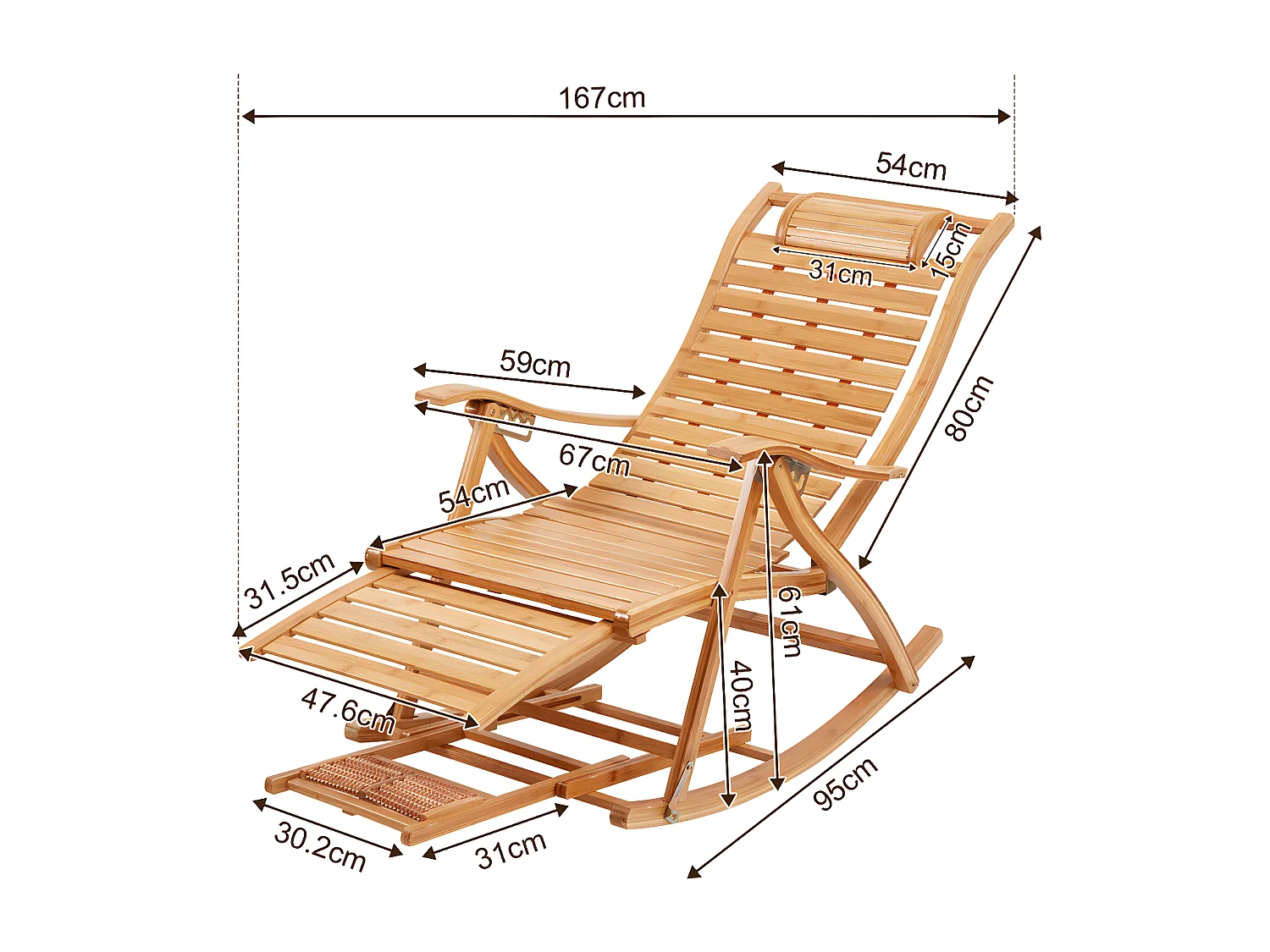 Fauteuil de jardin à bascule en ‎bambou Pliant -  Rocking chair réglable à 5 niveaux -Chaise Berçante avec Massage Repose-Pieds, Accoudoir et Oreiller Charge 150kg