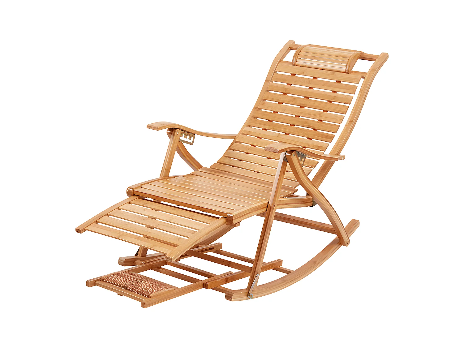 Fauteuil de jardin à bascule en ‎bambou Pliant -  Rocking chair réglable à 5 niveaux -Chaise Berçante avec Massage Repose-Pieds, Accoudoir et Oreiller Charge 150kg