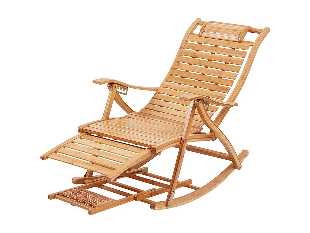 Fauteuil de jardin à bascule en ‎bambou Pliant -  Rocking chair réglable à 5 niveaux -Chaise Berçante avec Massage Repose-Pieds, Accoudoir et Oreiller Charge 150kg