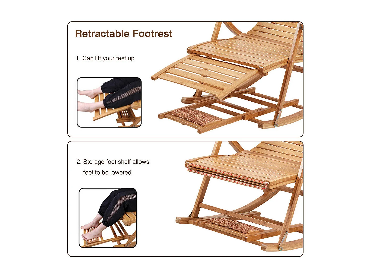 Fauteuil de jardin à bascule en ‎bambou Pliant -  Rocking chair réglable à 5 niveaux -Chaise Berçante avec Massage Repose-Pieds, Accoudoir et Oreiller Charge 150kg