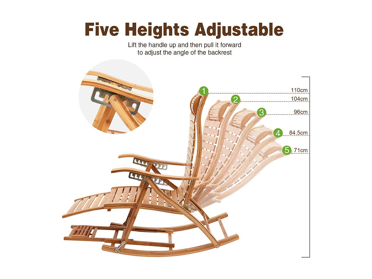 Fauteuil de jardin à bascule en ‎bambou Pliant -  Rocking chair réglable à 5 niveaux -Chaise Berçante avec Massage Repose-Pieds, Accoudoir et Oreiller Charge 150kg