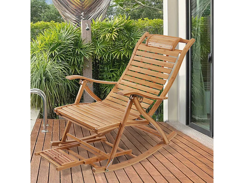 Fauteuil de jardin à bascule en ‎bambou Pliant -  Rocking chair réglable à 5 niveaux -Chaise Berçante avec Massage Repose-Pieds, Accoudoir et Oreiller Charge 150kg