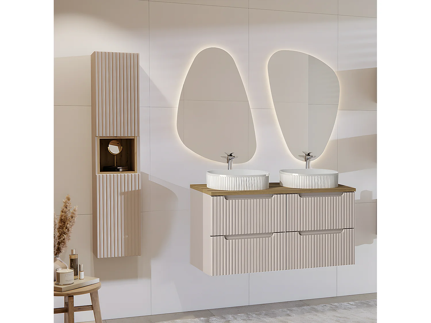 Meuble double vasque 120cm 4 tiroirs Riva Cachemire et Bois