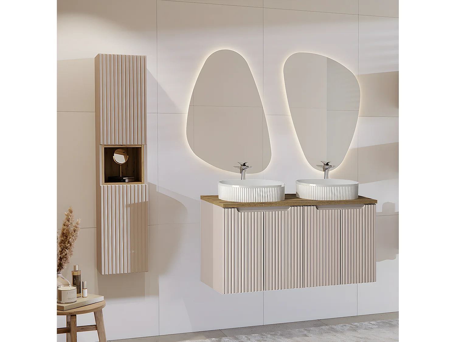 Dubbele wastafel 120cm 4 deuren Riva Kasjmier en Hout