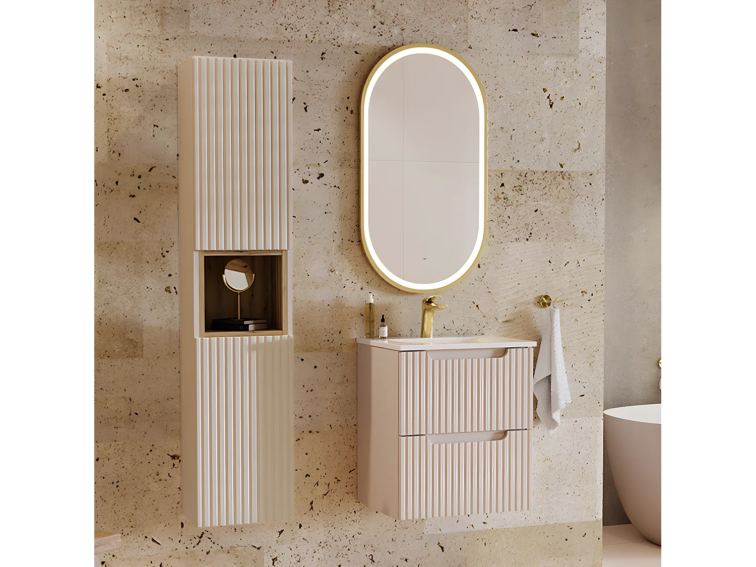 Meuble simple vasque encastrée 50cm 2 tiroirs Riva Cachemire