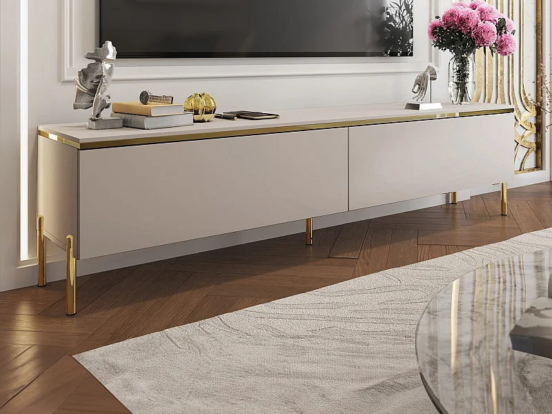 Mueble de TV con 2 puertas - Beige y dorado - VUKIA de Pascal MORABITO