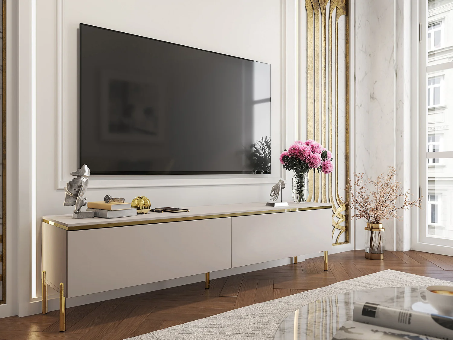 Meuble TV avec 2 portes - Beige et doré - VUKIA de Pascal MORABITO