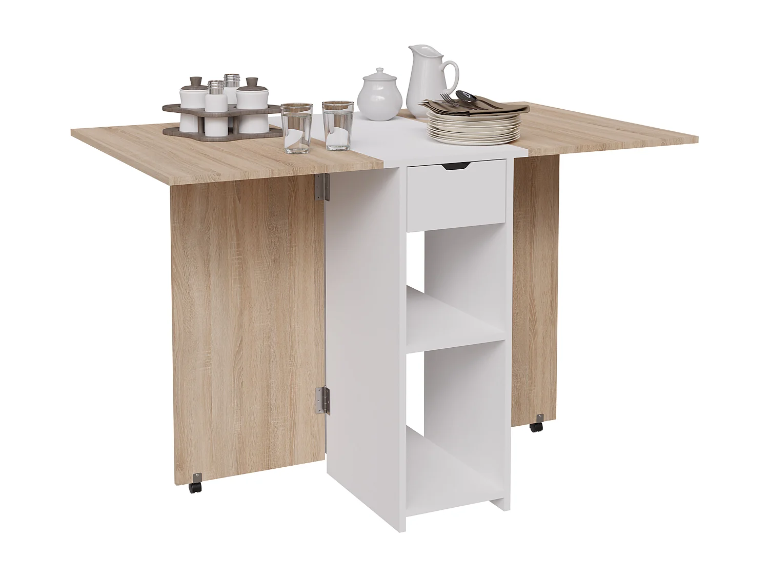 CASABEL – Table à Manger Pliable avec tiroir et étagères - Gain de Place pour Salle à manger, Cuisine - Rangement Central Blanc et Plateau Bois Clair