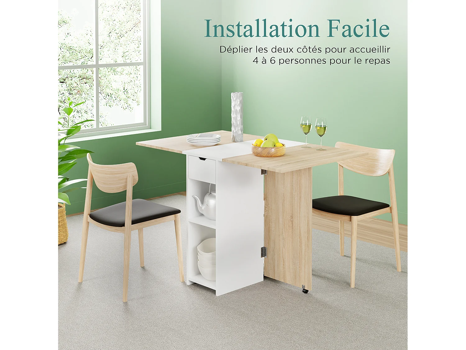 CASABEL – Table à Manger Pliable avec tiroir et étagères - Gain de Place pour Salle à manger, Cuisine - Rangement Central Blanc et Plateau Bois Clair