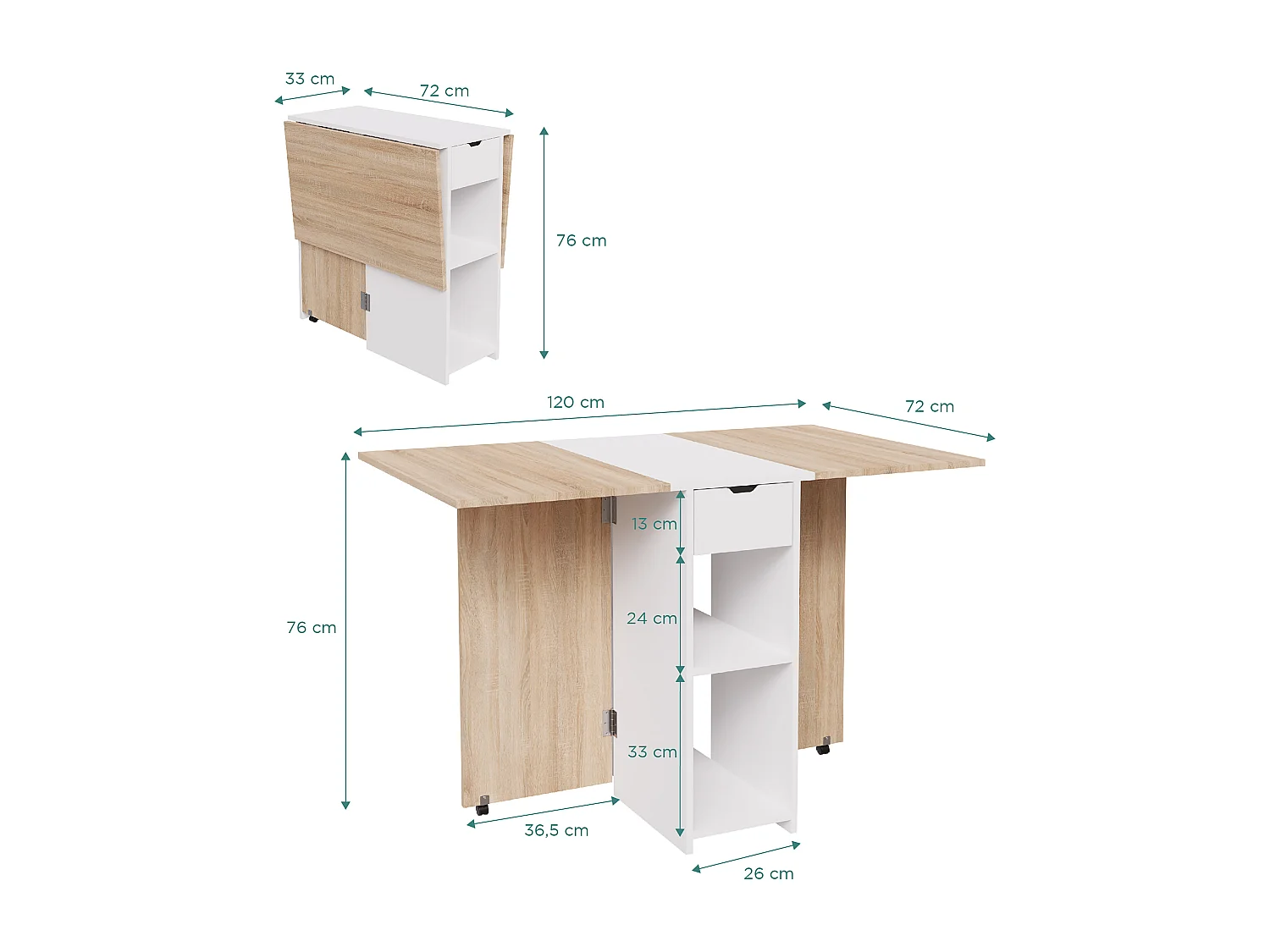 CASABEL – Table à Manger Pliable avec tiroir et étagères - Gain de Place pour Salle à manger, Cuisine - Rangement Central Blanc et Plateau Bois Clair
