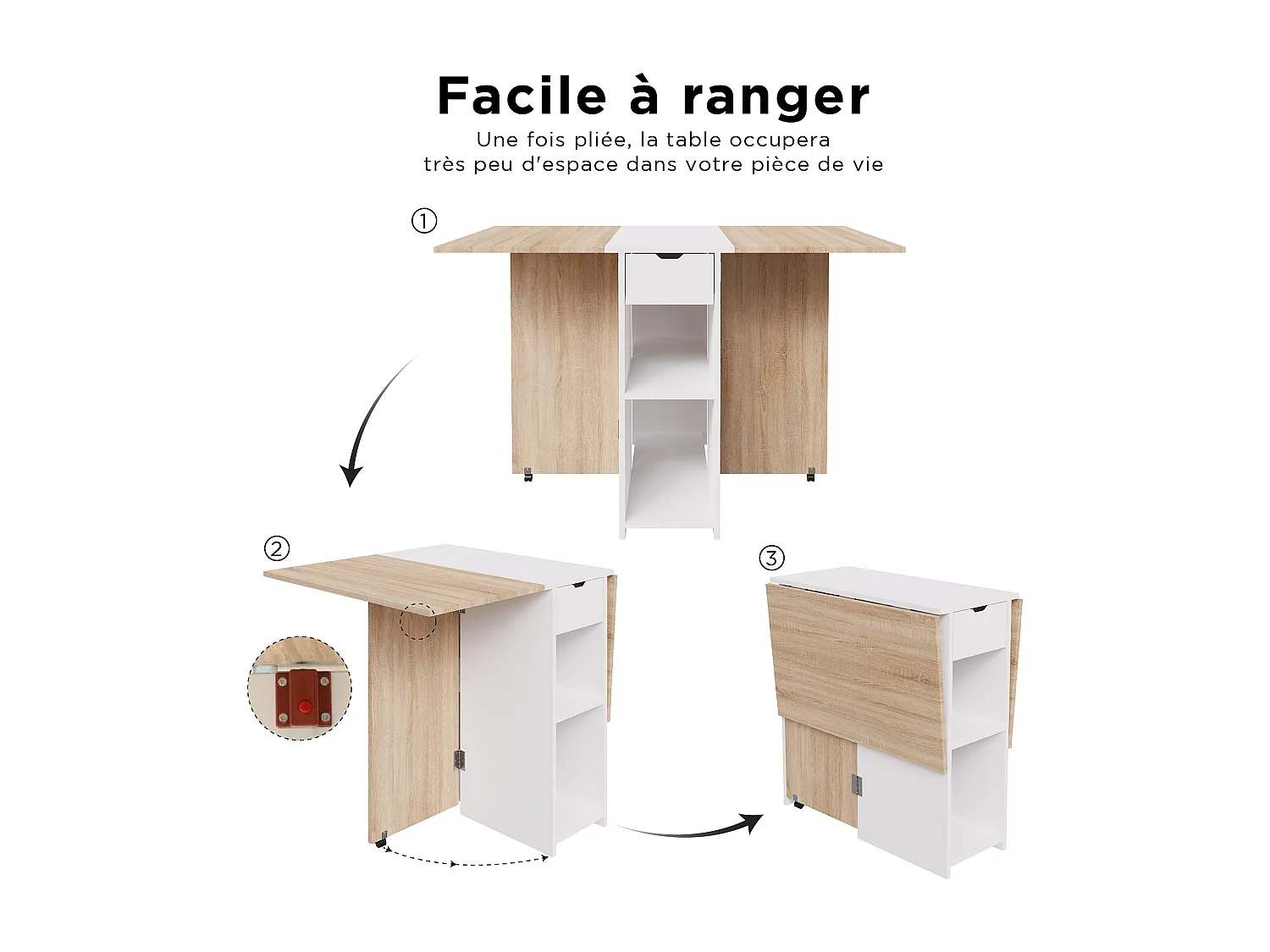 CASABEL – Table à Manger Pliable avec tiroir et étagères - Gain de Place pour Salle à manger, Cuisine - Rangement Central Blanc et Plateau Bois Clair