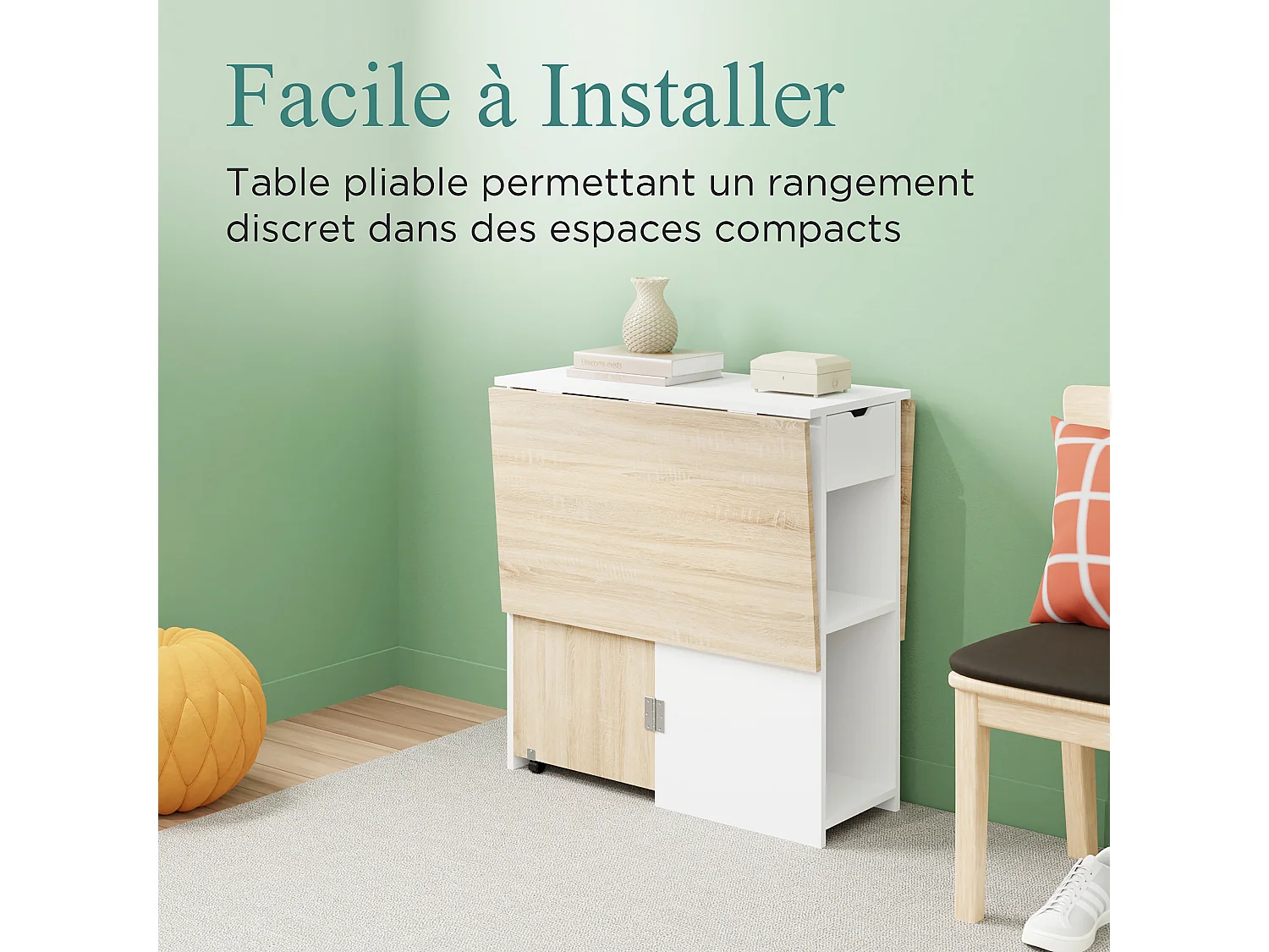 CASABEL – Table à Manger Pliable avec tiroir et étagères - Gain de Place pour Salle à manger, Cuisine - Rangement Central Blanc et Plateau Bois Clair