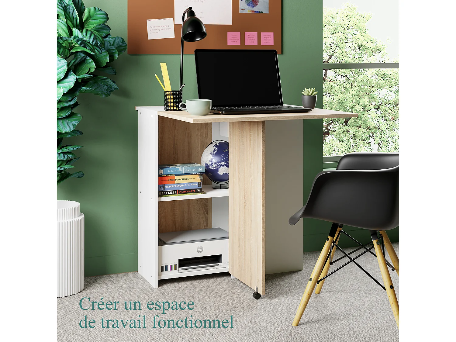 CASABEL – Table à Manger Pliable avec tiroir et étagères - Gain de Place pour Salle à manger, Cuisine - Rangement Central Blanc et Plateau Bois Clair