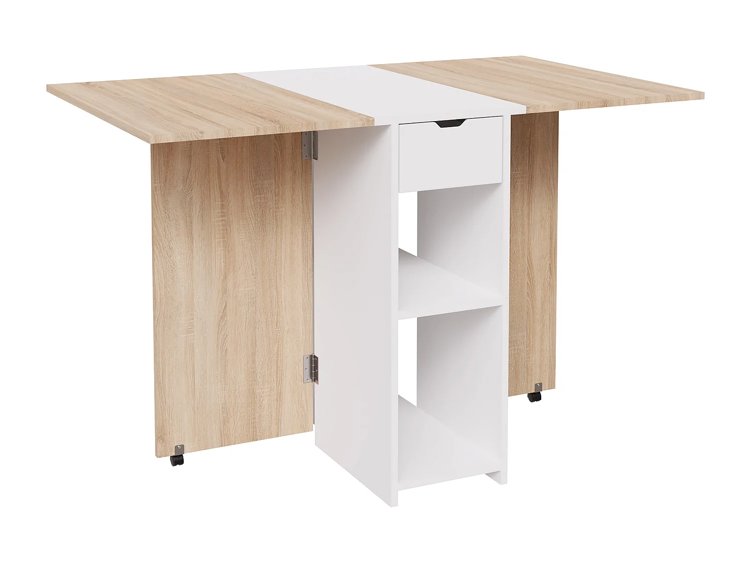 CASABEL – Table à Manger Pliable avec tiroir et étagères - Gain de Place pour Salle à manger, Cuisine - Rangement Central Blanc et Plateau Bois Clair