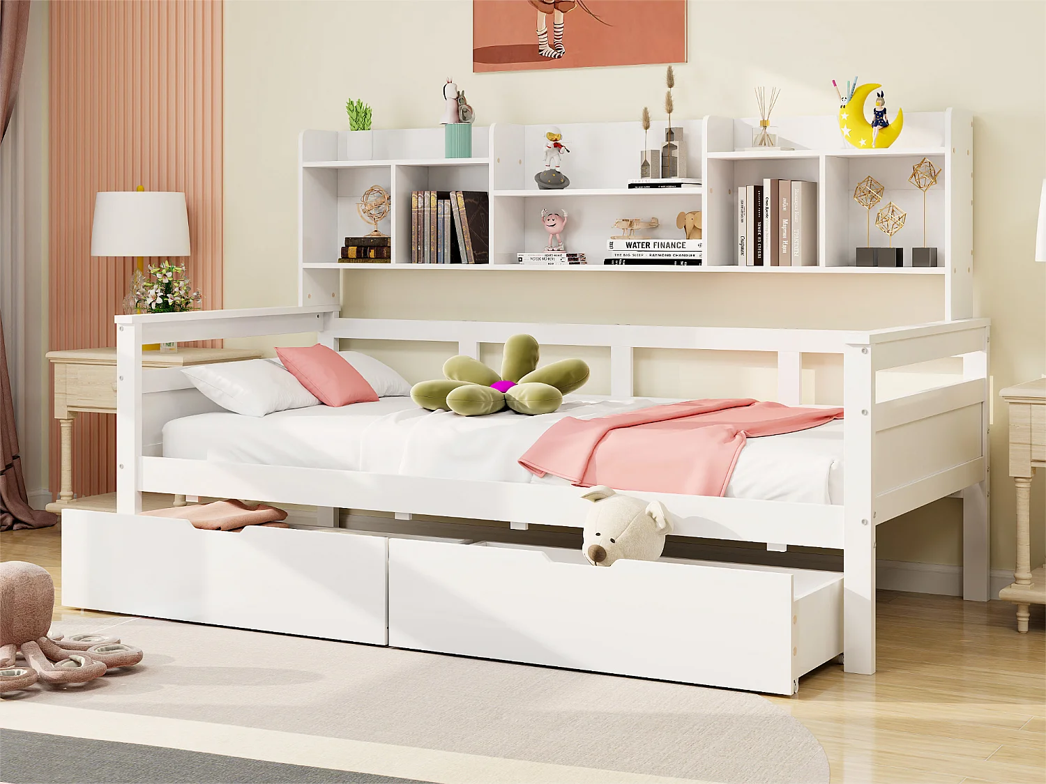 Canapé lit 90x200 cm - avec 2 tiroirs et étagères - en bois massif - Blanc