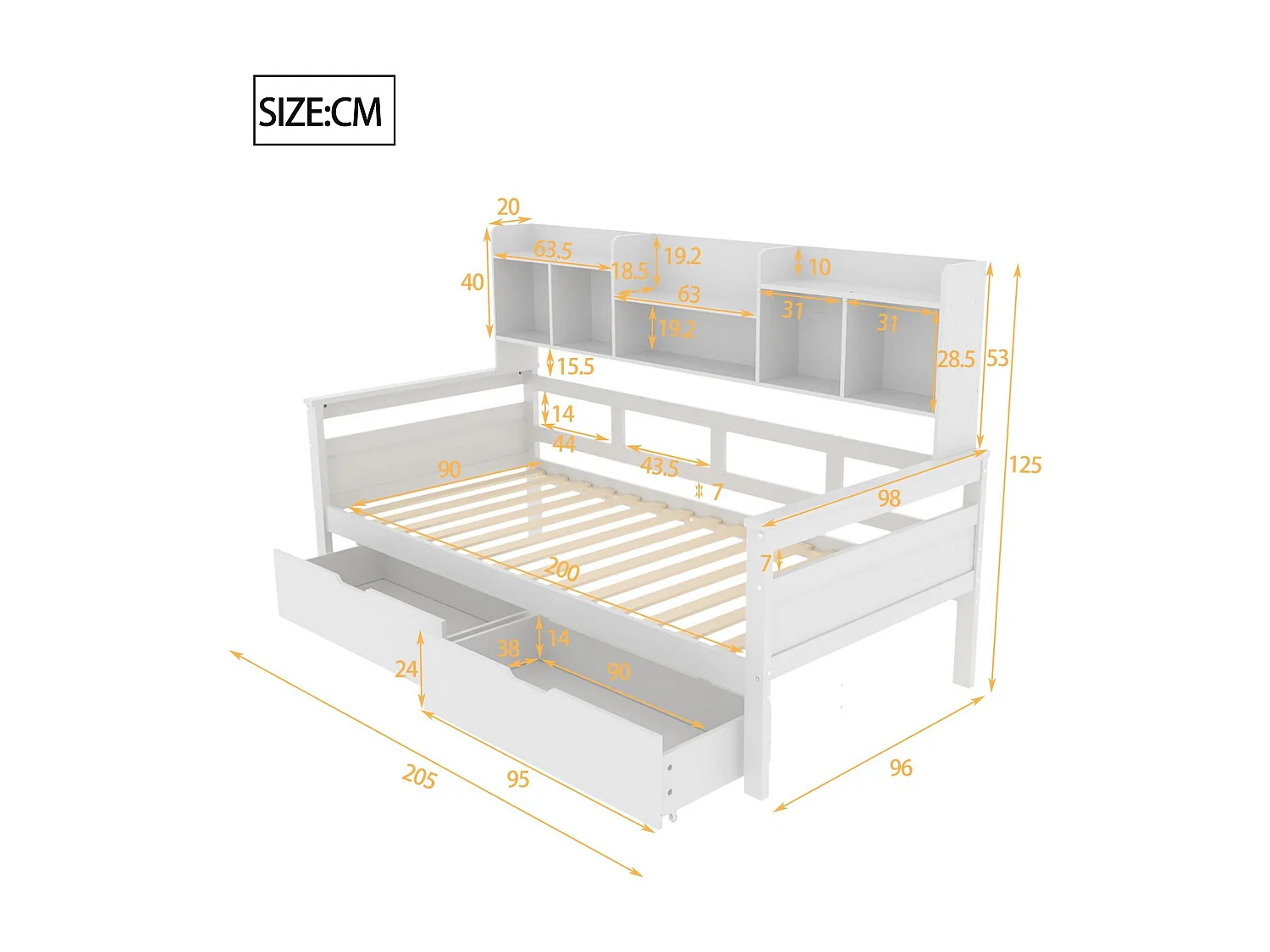 Canapé lit 90x200 cm - avec 2 tiroirs et étagères - en bois massif - Blanc