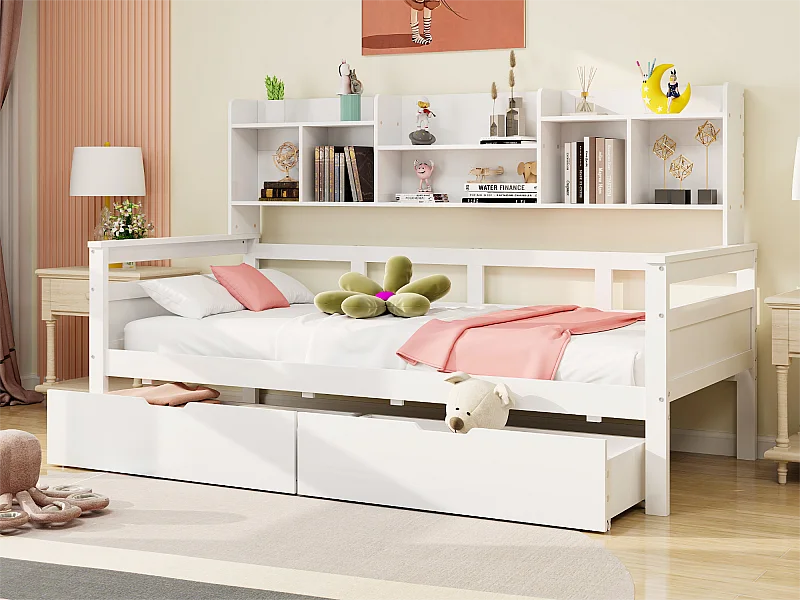 Kanapa łóżko 90x200 cm - z 2 szufladami i półkami - z litego drewna - Biały