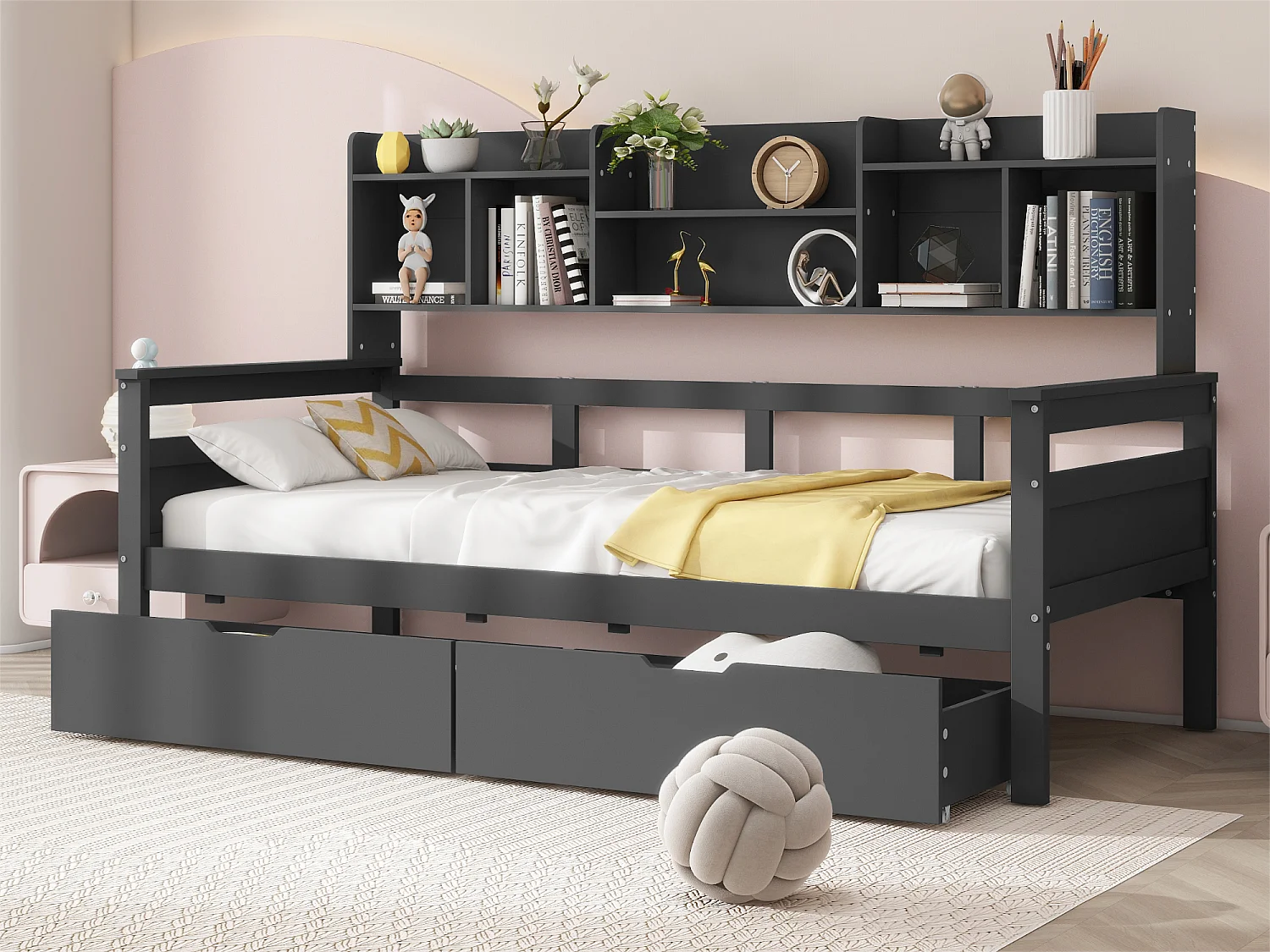 Sofá cama 90x200 cm - com 2 gavetas e prateleiras - madeira maciça - Preto