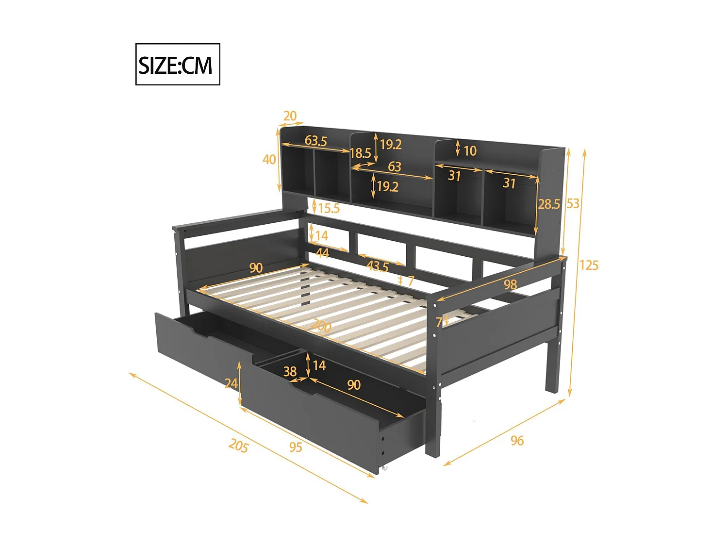 Sofá cama 90x200 cm - com 2 gavetas e prateleiras - madeira maciça - Preto